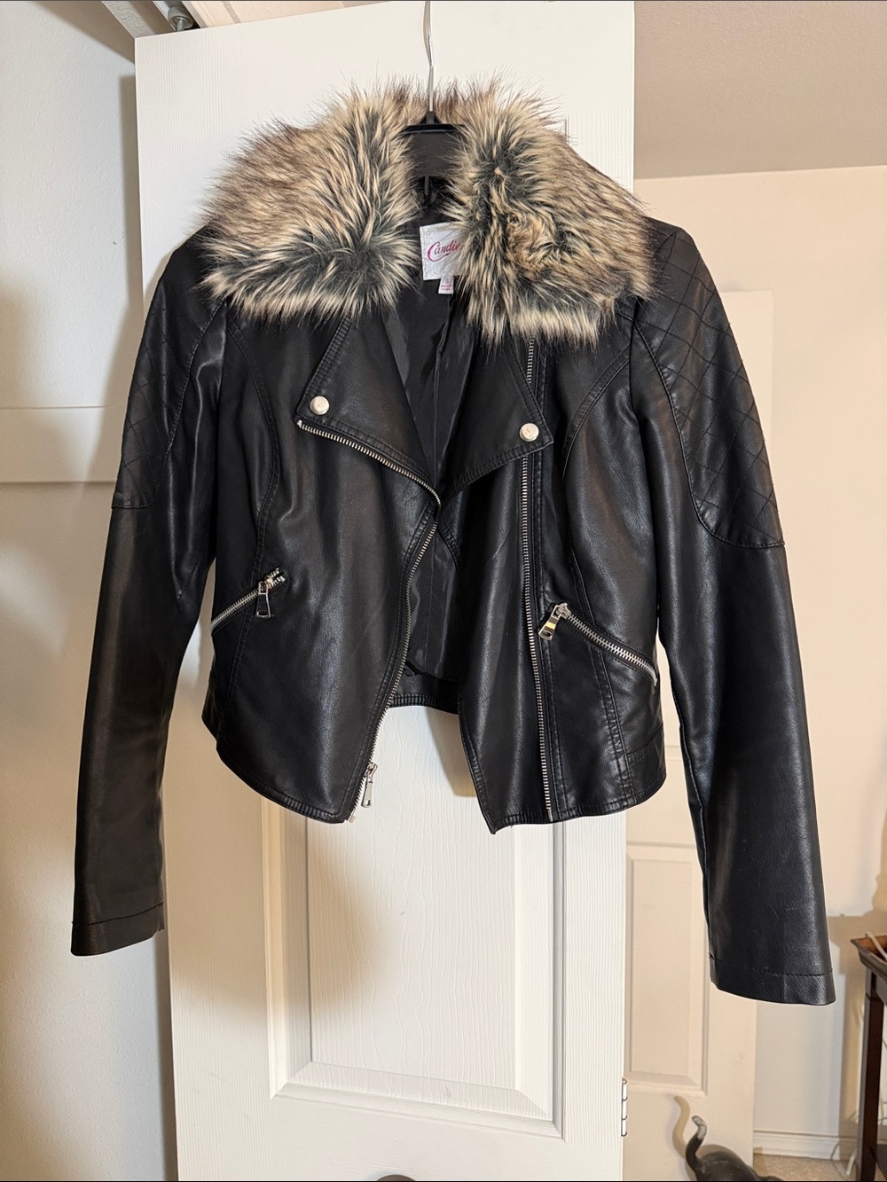 Candie's Black Faux Leather Moto Jacket with Faux Fur Trim